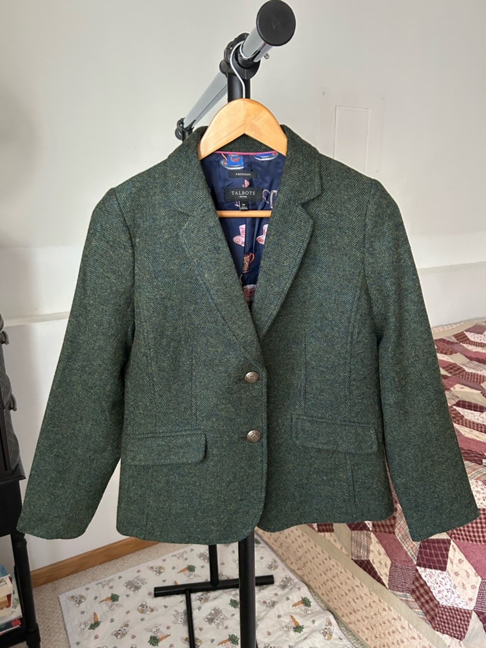 Talbots Shetland Aberdeen Blazer Jacket Wool Green Herringbone 6P 6 Petite Fall